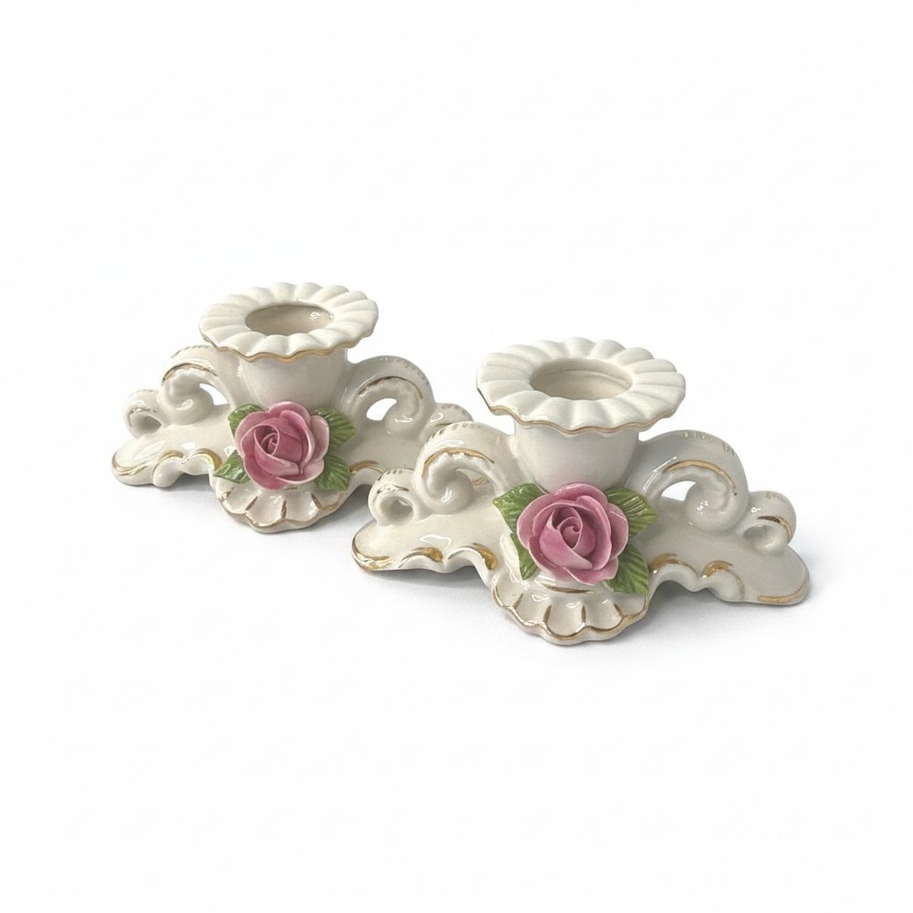 Dresden Porcelain Candlestick Holders OS White Pink Rose Gold Gilt Set of 2